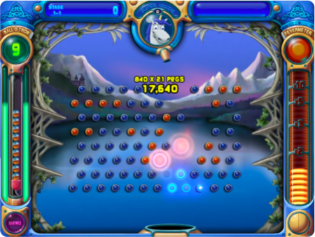 One of the Peggle levels. In this snapshot, the ball has just been lost and all the lit pegs disappear from the level